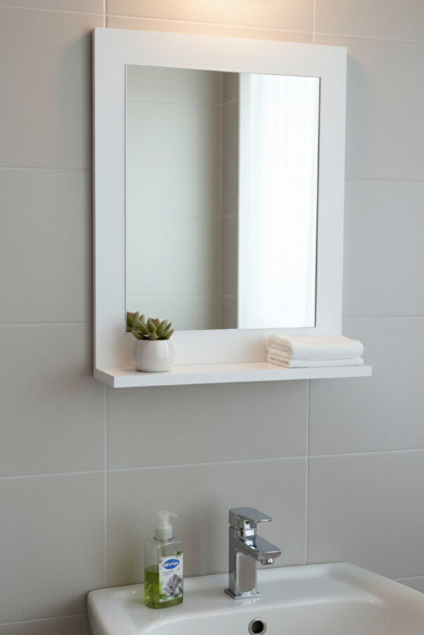 Moemi Raflı Banyo Aynası Beyaz Lavabo Wc Dresuar Koridor Mutfak Makyaj 60x45 Beyaz Dik Ayna