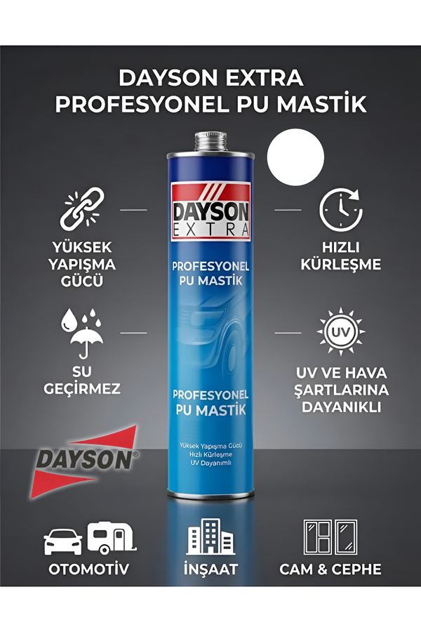DAYSON Extra Pu Mastik Silikonize Yapıştırıcı Beyaz Renk 280ml Güçlü Ve %100 Su Geçirmez+tabanca Set