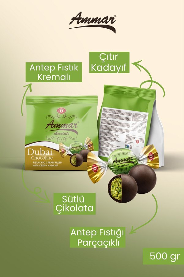 AMMAR Dubai Antep Fıstığı Parçacıklı Antep Fıstığı Krema ve Kadayıf Dolgulu Sütlü Çikolata 500 GR
