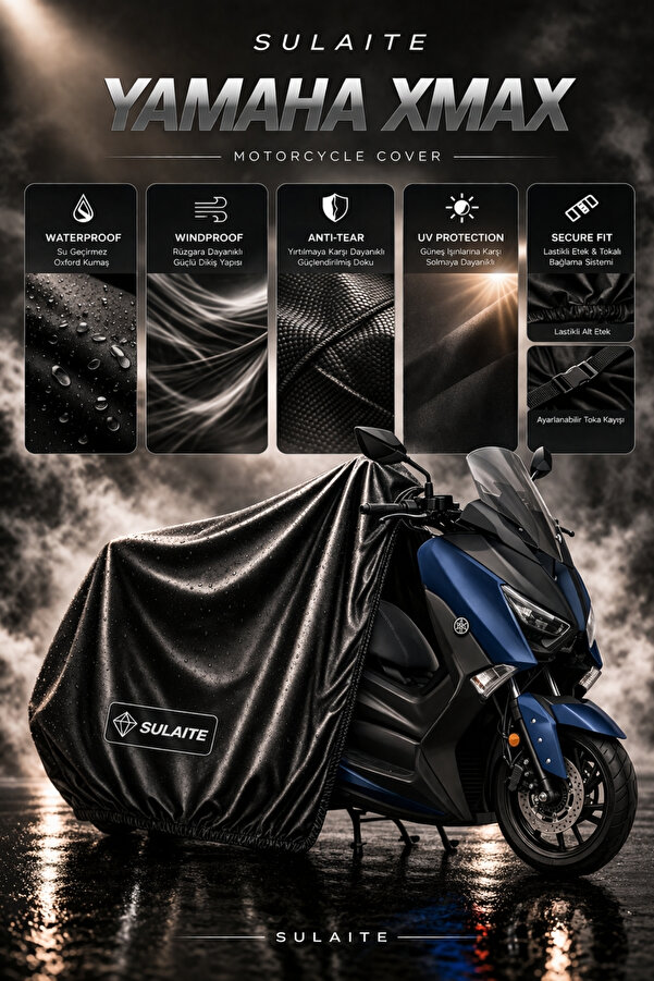Sulaite Motosiklet Brandası Yamaha Xmax Motor Brandası Su Geçirmez UV Koruma Kalın Kumaş Motor Örtüsü Siyah