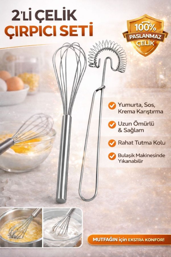 AYGÖREN HOME İkili Metal Çırpıcı Seti Pasta Kek Çırpma Teli