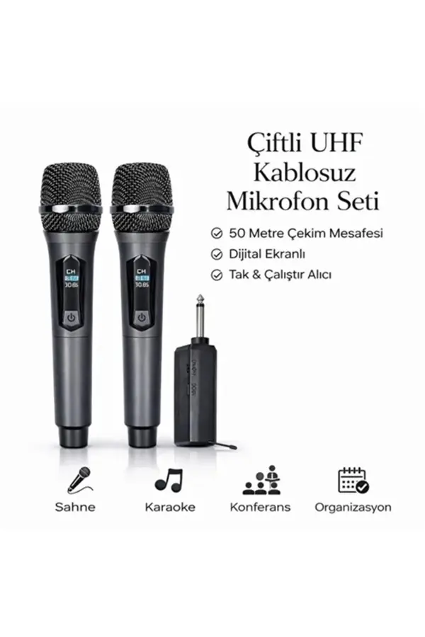 Evi̇mdeyokyok Profesyonel Çi̇ftli̇ Kablosuz Mi̇krofon Seti̇ Karaoke Şarj Edi̇lebi̇li̇r 50 Metre