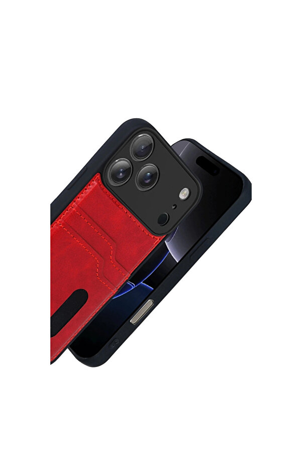 Evi̇mdeyokyok Apple İphone 17 Pro Sara Kartvi̇zi̇tli̇ Deri̇ Kılıf - Kırmızı