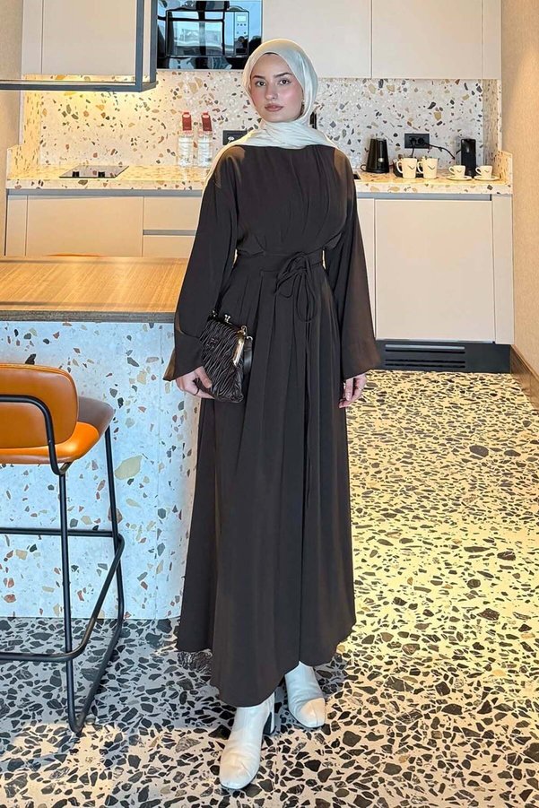 lamelif Nora Bağcıklı Tesettür Elbise Acı Kahverengi