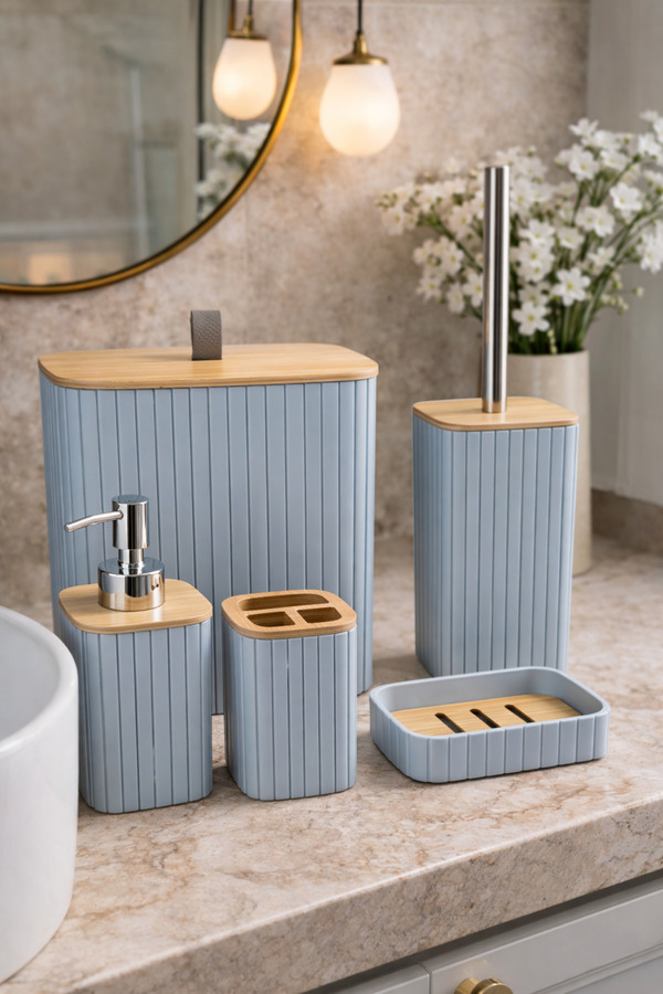 MAKRİ HOME Bambu Kapaklı Çizgili Dikdörtgen 5 Parça Banyo Seti Gri 21 x 19 x 24 cm.
