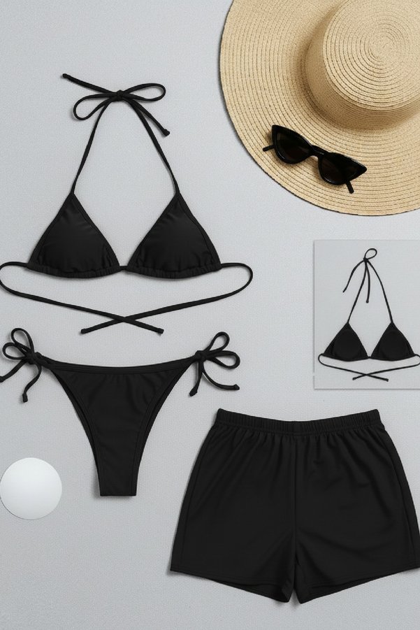Imoda Kadın 3 Lü Set Siyah Şortlu Ve Yandan Bağlamalı Bikini Mayo Takımı