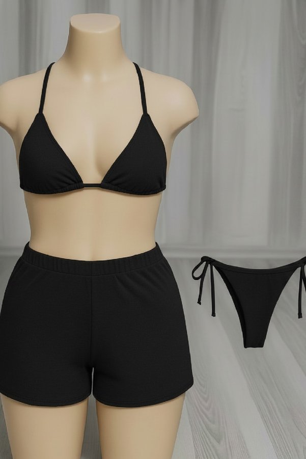 Imoda Kadın 3 Lü Set Siyah Şortlu Ve Yandan Bağlamalı Bikini Mayo Takımı