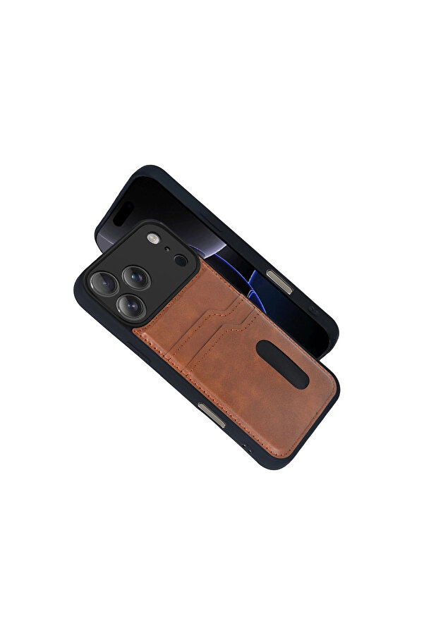 Evi̇mdeyokyok Apple İphone 17 Pro Sara Kartvi̇zi̇tli̇ Deri̇ Kılıf - Taba