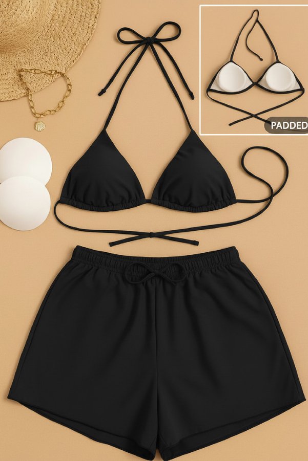 Imoda Kadın 3 Lü Set Siyah Şortlu Ve Yandan Bağlamalı Bikini Mayo Takımı