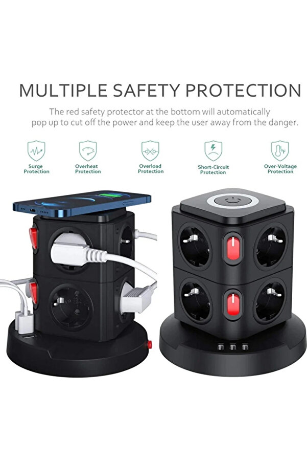 Evi̇mdeyokyok Termal Akım Korumalı Isıya Dayanıklı 3 Usb 8 Pri̇z Ve Wi̇reless Kablosuz Şarj 2.4 Amper Kablolu Pri̇z
