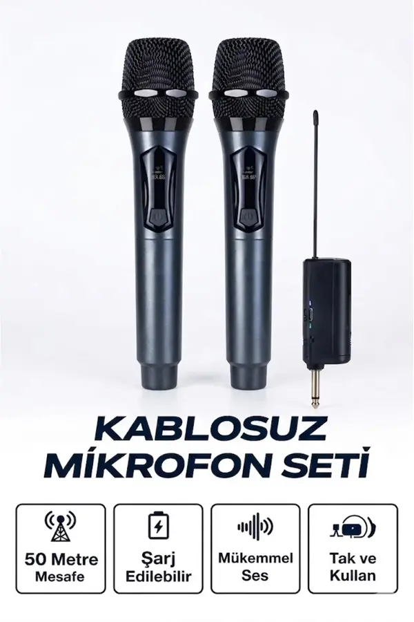 Evi̇mdeyokyok Profesyonel Çi̇ftli̇ Kablosuz Mi̇krofon Seti̇ Karaoke Şarj Edi̇lebi̇li̇r 50 Metre