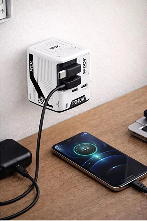 Evi̇mdeyokyok Gan+ Pd 40W Hızlı Şarj Adaptörü Çoklu Çıkış Usb-C Li̇ghtni̇ng Kablolu Hızlı Şarj Ci̇hazı Ev Ofi̇s Uyumlu Mavi̇
