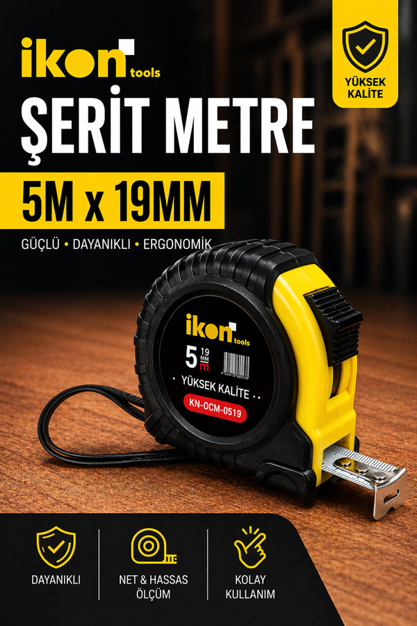 İkon Tools Şerit Metre 5m x 19mm Profesyonel Ölçü Metresi Dayanıklı Gövde Kilitli Mekanizma Hassas Ölçüm
