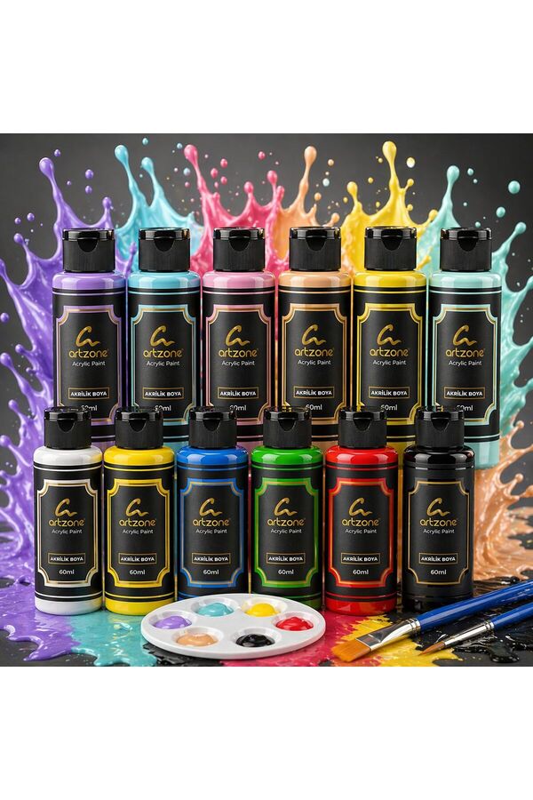 Artzone Akrilik Boya Seti 12 Renk x 60ml. Fırça ve Palet Hediyeli