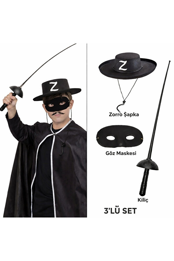 Evi̇mdeyokyok Zorro Kostüm Seti̇ 3’Lü Çocuk – Şapka, Maske Ve Kılıç