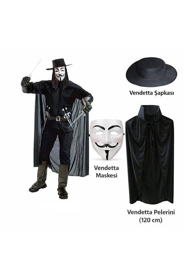 Evi̇mdeyokyok Vendetta Kostüm Seti̇ – Şapka Maske Peleri̇n (120 Cm)