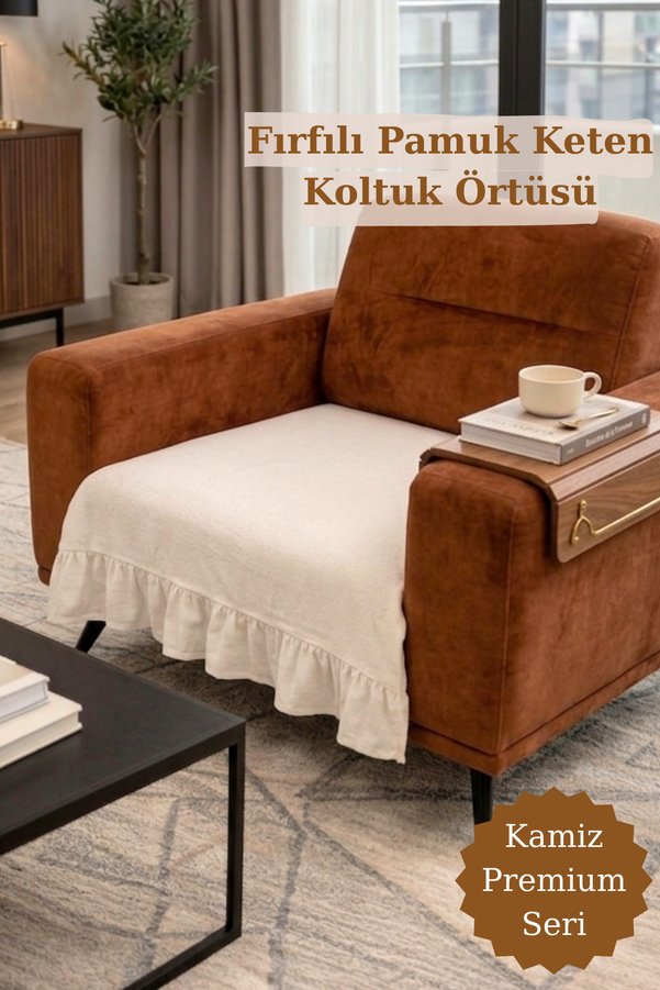 KAMİZ Fırfırlı Koltuk Örtüsü Bohem Pamuk Keten | Kaymaz Yıkanabilir Modern Şık Tasarım Tekli Koltuk