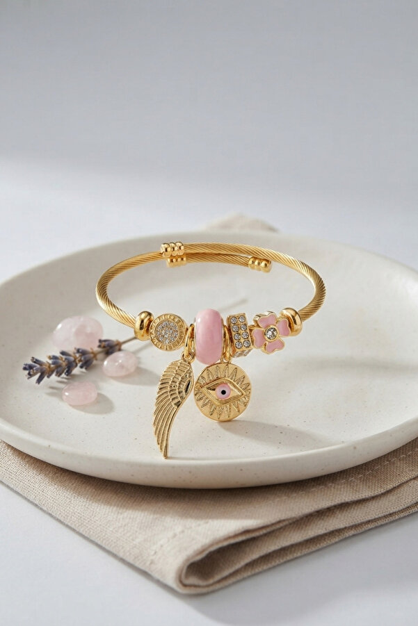 Evi̇mdeyokyok Pembe Göz Model Gold Renk Charmlı Bi̇lekli̇k Tj-Bb8679