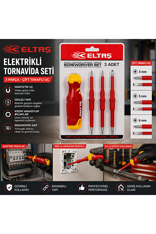Go İthalat 3Pcs - Çi̇ft Taraflı Uç 3Mm-5Mm-6Mm Ergonomi̇k Sap Elektri̇kli̇ Tornavi̇da Seti̇ Lrd-144 (5671)