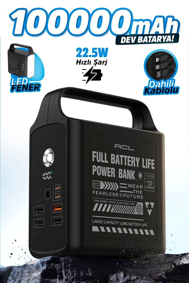 ACL PW-155 100.000mAh Taşınabilir Enerji İstasyonu Powerbank 22.5W Hızlı Şarj | Dahili Lightning + T