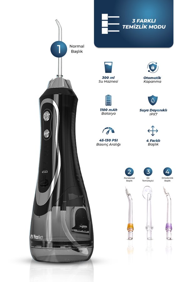 PiranTech AquaDent Pro Şarjlı Ağız Duşu | 4 Başlıklı Diş Arası Temizleme Cihazı
