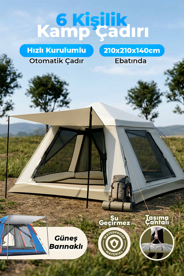 auhma Outdoor AC6636 6 Kişilik Otomatik Kamp Çadırı Krem 210x210x140 cm | Su Geçirmez Oxford Kumaş |