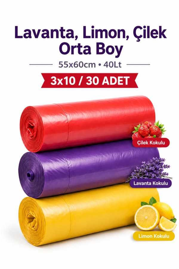 naft Plus Büzgülü Çöp Torbası 55x60 3'Lü Eko Paket Lavanta-Çilek-Limon Kokulu Çöp Poşeti