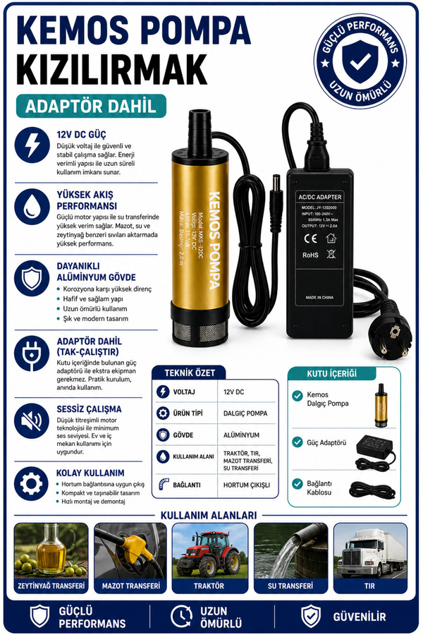 Kemos Kızılırmak 220-12 Volt Dalgıç Adaptörlü Mazot Aktarma(Sıvı Transfer) Pompası