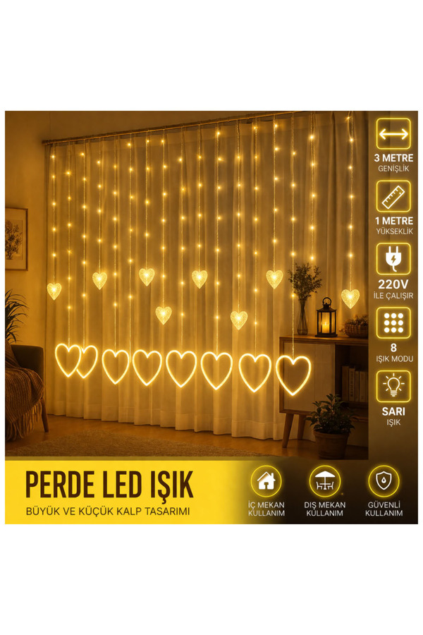 Evi̇mdeyokyok 3 Metre 8 Modlu Kalp Perde Led Işık - Sarı (Sıcak Beyaz) Işık Dekorati̇f Işıklandırma Oda Dekoru