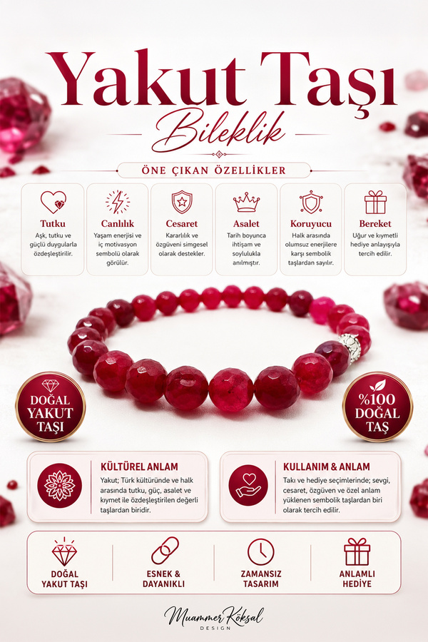 Muammer Köksal Design Doğal Yakut Bileklik 8 mm Faset Kesim Yakut Taşı Kadın Erkek Unisex Doğal Taş Hediyelik