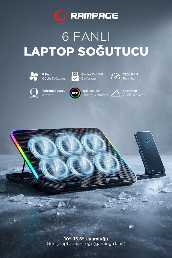 Rampage Sıxpower R9 6 Fan RGB Işıklı Telefon Uyumlu Tutuculu Usb Çoklayıcı Notebook Soğutucu Stand