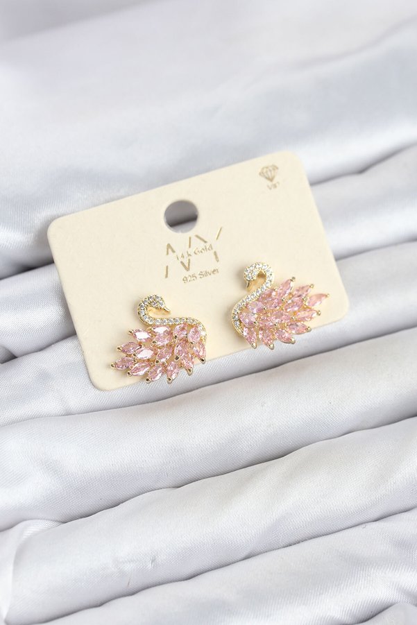Evimdeyokyok Pembe Zirkon Taşlı Gold Swan Kuğu Model Kadın Küpe Tj-Bkp11942