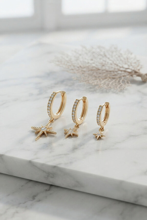 Evi̇mdeyokyok Gold Renk Kutup Yıldız Model 3 Lü Küpe Seti̇ Tj-Bkp11952
