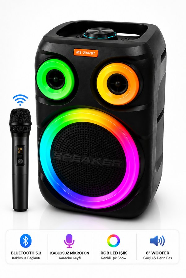 Omaze Bluetooth Hoparlör Karaoke Kablosuz Mikrofonlu 8 İnç Taşınabilir RGB Işıklı Şarjlı USB FM Radyo