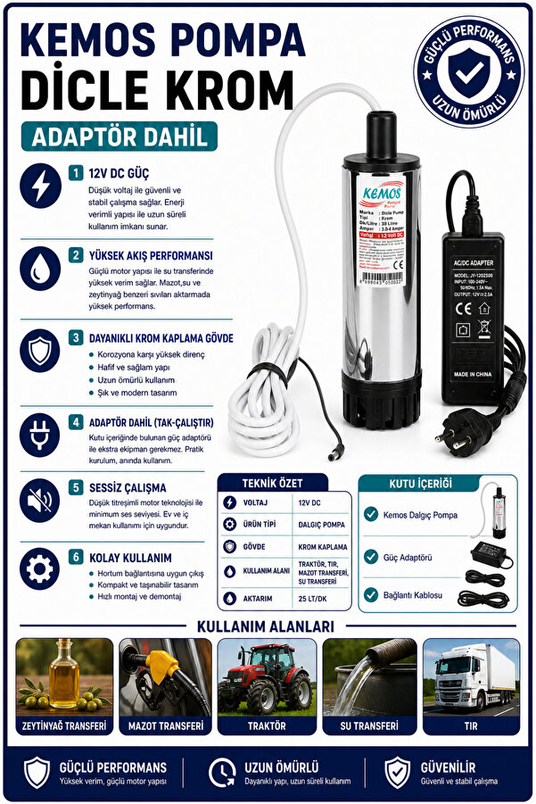 Kemos Di̇cle Krom 220-12 Volt Dalgıç Adaptörlü Mazot Aktarma(Sıvı Transfer) Pompası