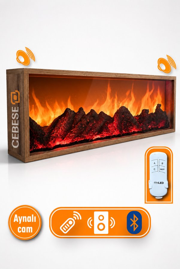 CEBESE Dekoratif Elektrikli Yapay Şömine 100x31.5x16 Cm Farklı Renk Modları kumandalı Bluetooth Ses