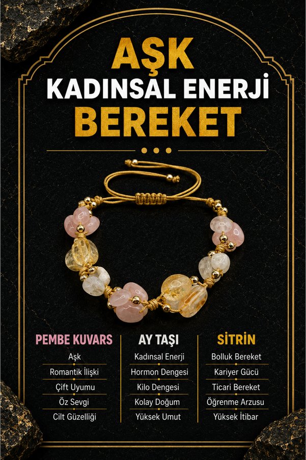 OSMANLI DOĞAL TAŞ Orijinal & Sertifikalı Sitrin Pembe Kuvars Ay Taşı Hematit İpli Merdiven Kapama Doğal Taş Bileklik