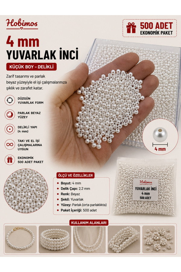 Hobimos 500 Adet 4 mm Küçük Beyaz İnci Boncuk - 4 mm Küçük Beyaz Plastik İnci Boncuk