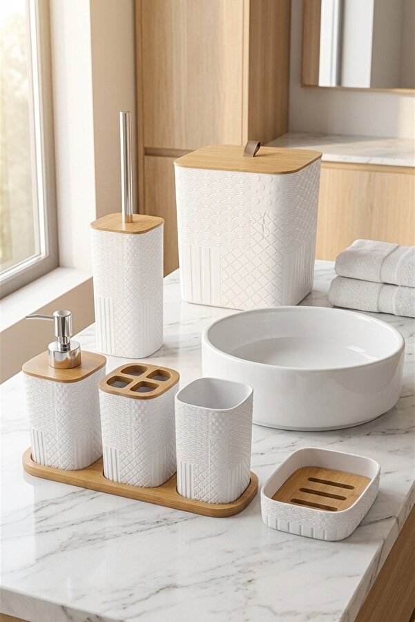 MAKRİ HOME 7 Parça Desenli Kare Bambu Kapaklı Beyaz Banyo Seti Hacim: 8 litre