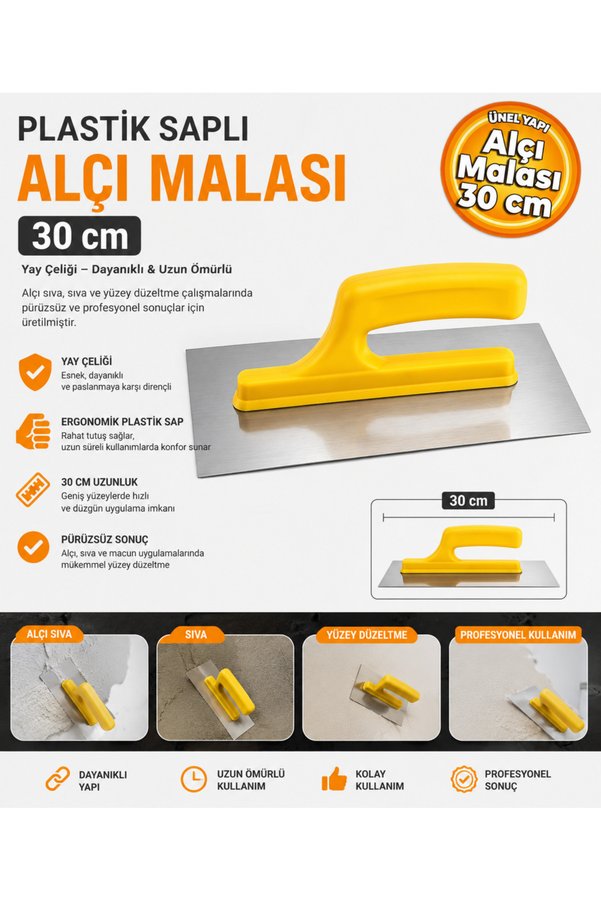 Duyar DYR231 Plastik Saplı Yay Çeliği Açık Saplı Alçı Malası 30 cm