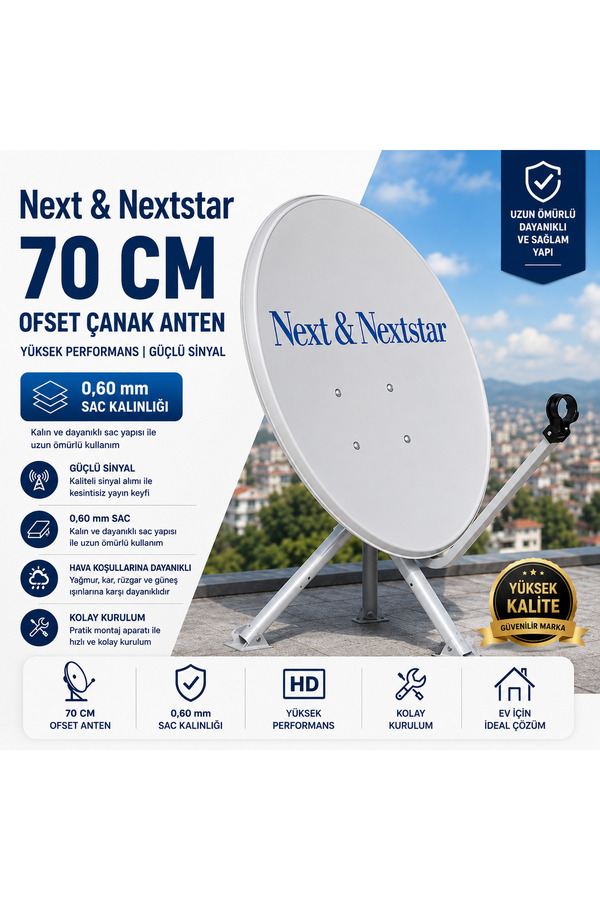 AŞIK STORE Next & Nextstar 70 cm Ofset Çanak Anten 0 60 mm Sac %100 Uydu Uyumlu Dayanıklı Galvanizli Çelik Gri