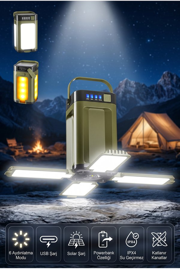 MAKAMP USB Şarjlı Katlanabilir LED Kamp Feneri Powerbank Özellikli Taşınabilir Lamba