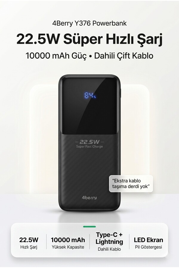 4 Berry 4Berry Y376 10000mAh 22.5W Süper Hızlı Şarj Type-C ve Lightning Kablolu Powerbank