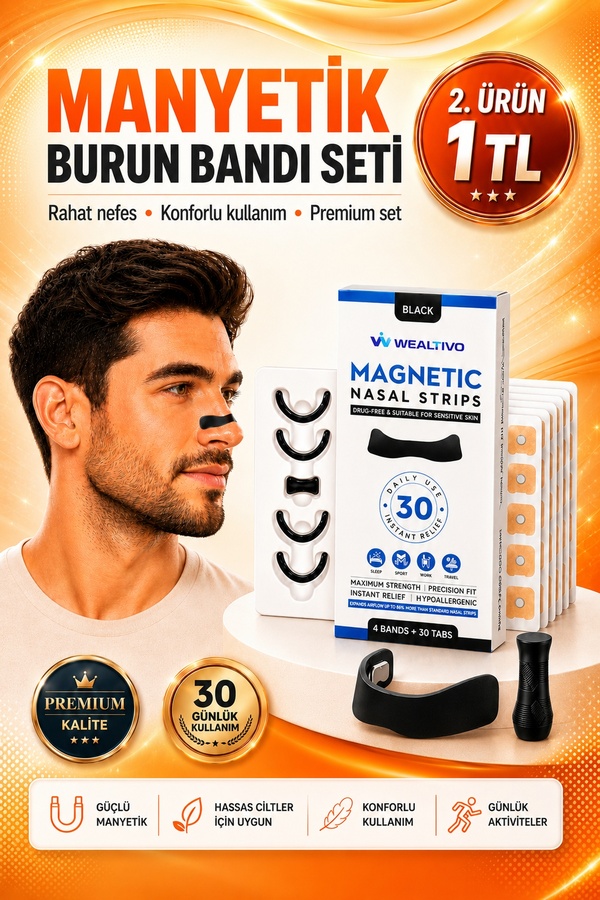 Wealtivo Manyetik Burun Bandı Seti Premium 30'lu Horlama Azaltıcı Mıknatıslı Siyah Dilatörü Aparatı