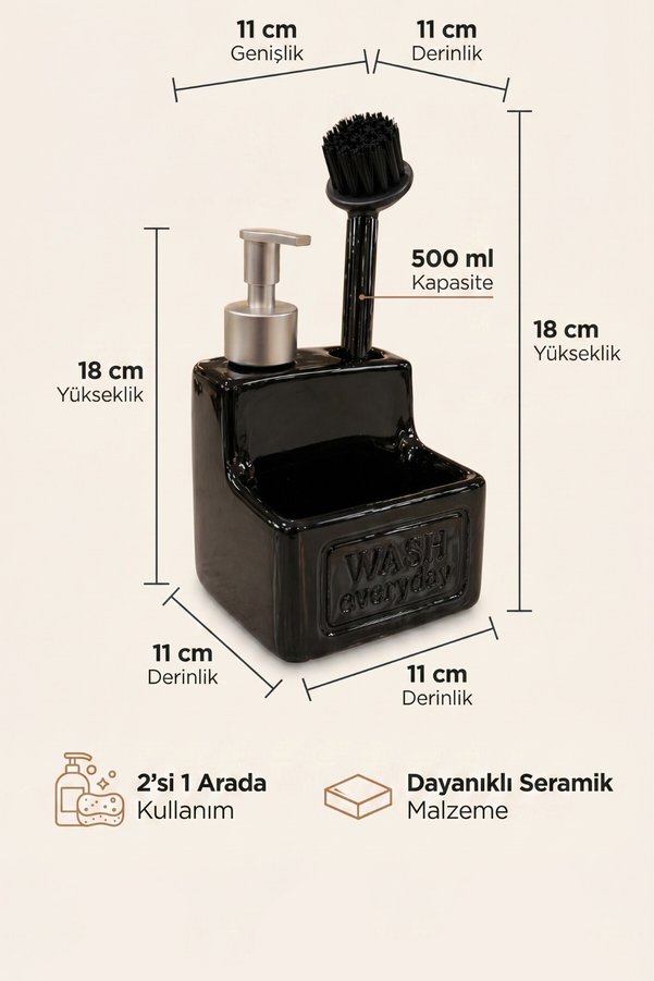 MAKRİ HOME 500 ml Siyah Seramik Sıvı Sabunluk Deterjanlık Fırçalık 11x11x18 cm