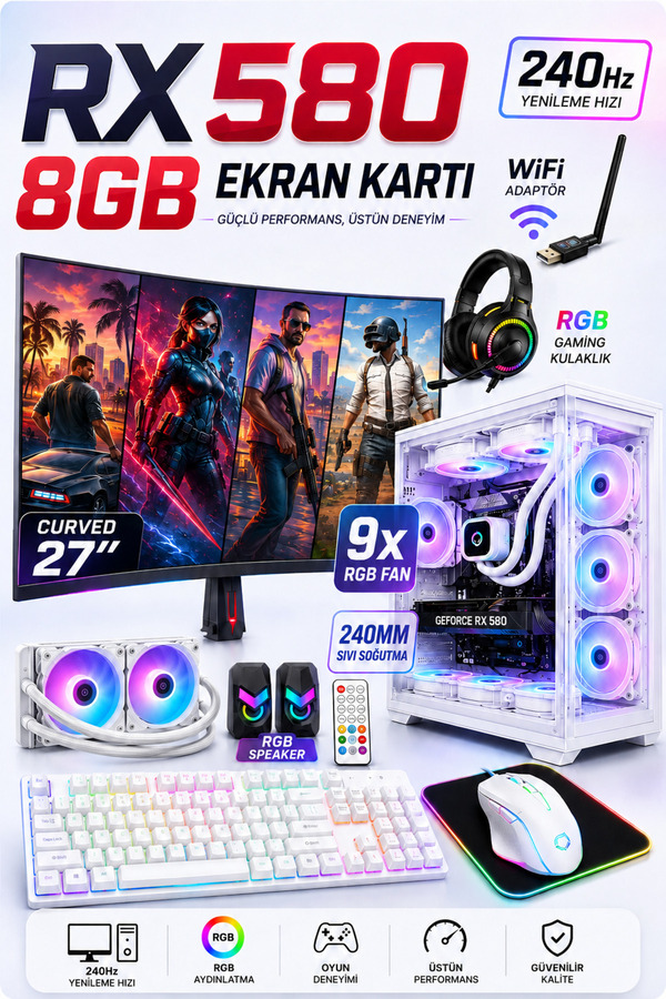 Dmc N137x Windows 11 Ryzen 5 5500 32GB RAM 512GB M2 8GB RX580 27''240hz Sıvı Soğutmalı Oyuncu Bilgisayarı
