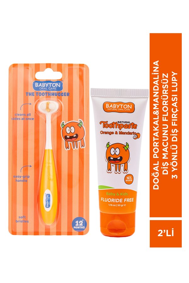 BABYTON Doğal Portakal&Mandalina Diş Macunu Florürsüz-3 Yönlü Diş Fırçası Lupy 2'li Set