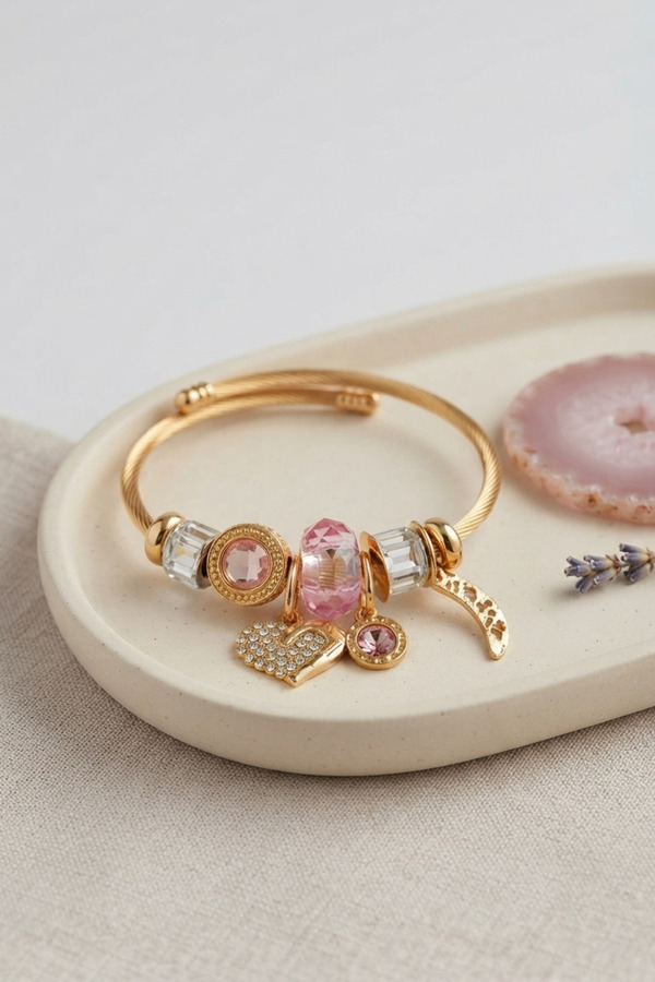 Evi̇mdeyokyok Kalp Model Gold Renk Pembe Charmlı Bi̇lekli̇k Tj-Bb8670