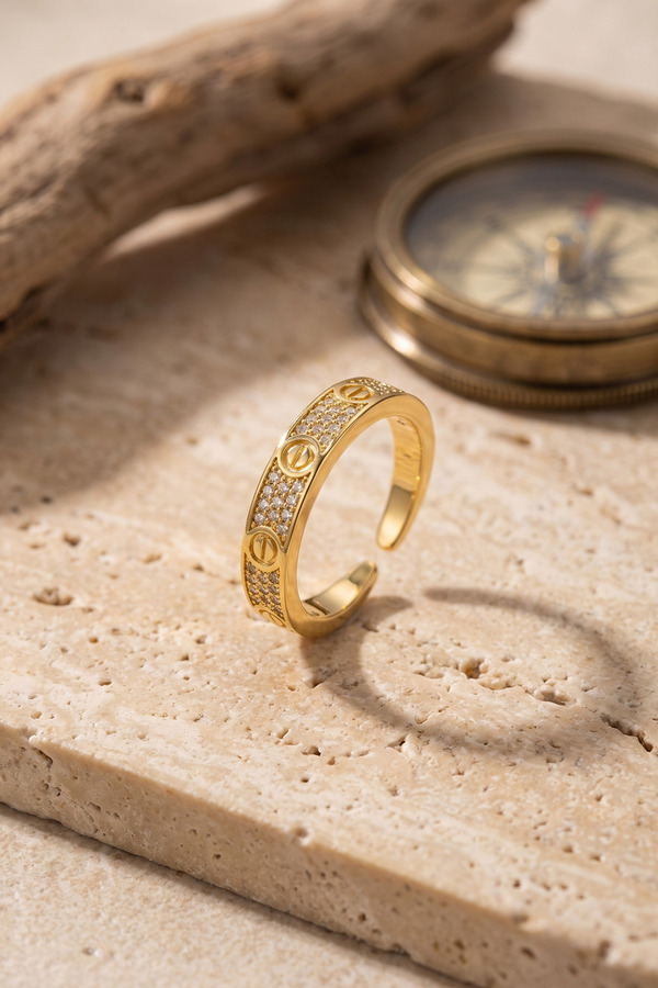 Evi̇mdeyokyok Vi̇da Ve Zi̇rkon Taş Detaylı Gold Çeli̇k Yüzük Tj-Byk4232