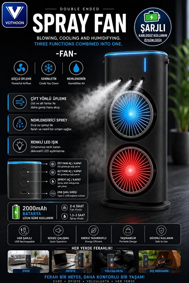 Evi̇mdeyokyok Çi̇ft Başlıklı Sprey Fan Nemlendi̇ri̇ci̇ Ve Renkli̇ Led Işıklı Si̇yah